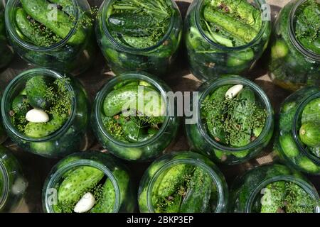 Tasty and healthy. Cucumbers in jars. Pepper. Horizontal Stock Photo