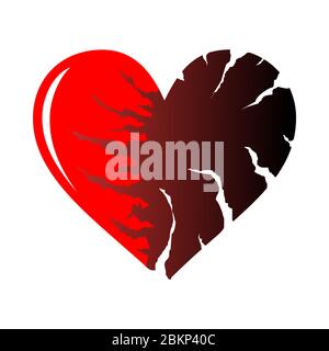Two halfs of red cracked heart icon isolated on white background. Heart shape with cracks and ragged edges. Symbol of unhappy love, emotional experien Stock Vector
