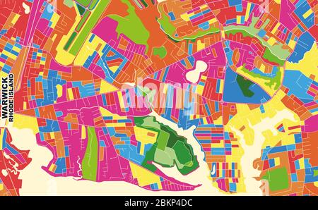 Colorful vector map of Warwick, Rhode Island, USA. Art Map template for selfprinting wall art in landscape format. Stock Vector