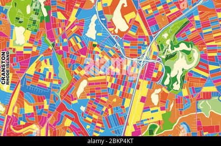 Colorful vector map of Cranston, Rhode Island, USA. Art Map template for selfprinting wall art in landscape format. Stock Vector