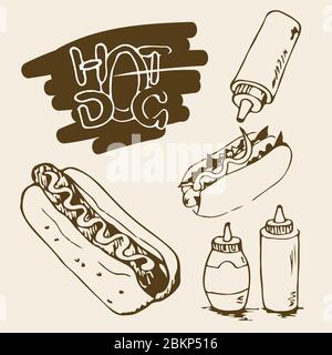 Hot Dog hand drawn illustrations. Fast food design elements, sketches of hotdogs with sauce and mayonnaise. Plastic bottles with sauce and mayonnaise. Stock Vector