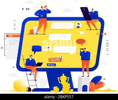 Businessmen chatting around the monitor. Vector. Education on the Internet. Remote team work. Remote problem solving. Messenger as a business tool. Cr Stock Vector