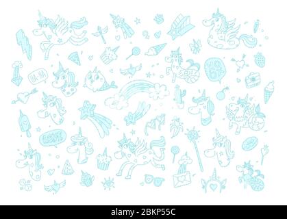 Illustrations of magical unicorns. Vector. Cartoon horse world. Cat Mermaid. Kawaii characters. Mythical creatures with accessories. Pattern of images Stock Vector