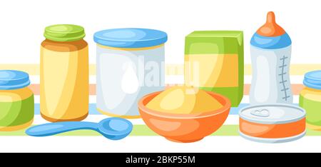 Seamless pattern with baby food items. Stock Vector