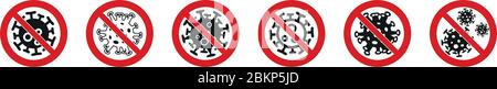 No virus sign, germ cell icon in red crossed circle, multiple versions. Can be used during coronavirus covid-19 outbreak prevention Stock Vector
