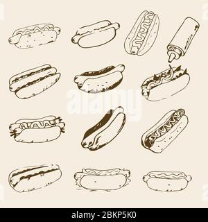 Hot Dog hand drawn set of illustrations. Fast food design elements, sketches of hotdogs with sauce, mayonnaise and vegetables. Monochrome EPS8 vector Stock Vector