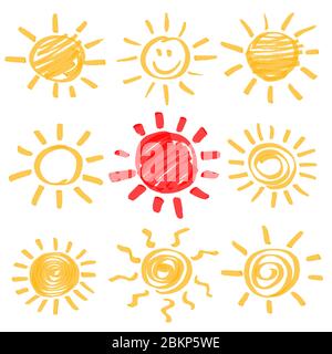 Set of highlighter marker summer sun design elements. Sun symbols hand drawn by yellow and red highlighters. Optimized for easy color changes. Vector Stock Vector