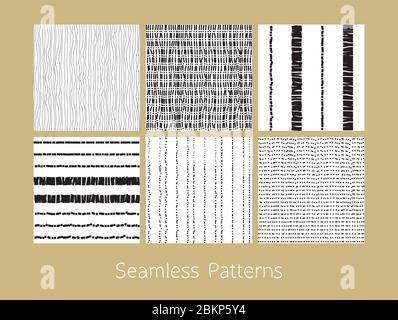 Set of dotted and dashed seamless patterns. Stylized burlap and matting abstract repeating textures in black and white colors. Vector eps8 illustratio Stock Vector