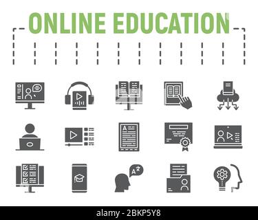 Online Education glyph icon set, distance learning symbols collection, vector sketches, logo illustrations, online learning icons, education signs Stock Vector