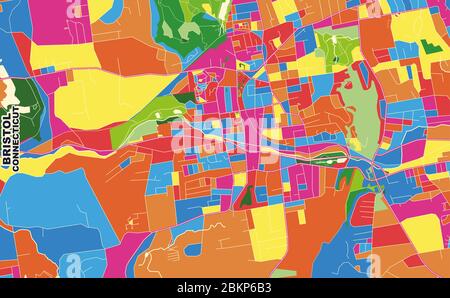 Colorful vector map of Bristol, Connecticut, USA. Art Map template for selfprinting wall art in landscape format. Stock Vector