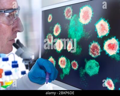 Pharmaceutical research into diseases and pandemics. Scientist viewing a image of virus using a electron microscope in the laboratory. Stock Photo