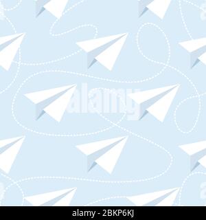 Paper planes and tangled lines seamless pattern. Repeating abstract background with paper planes and dashed lines. EPS8 vector illustration includes P Stock Vector