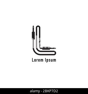 Cable jack logo concept forming Letter L Alphabet . Audio logo design template. Isolated, Audio equipment, sound system, instrument. Black and White Stock Vector