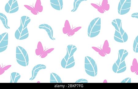 Abstract seamless pattern from blue leaves and pink butterflies. Ecological concept. Isolated on a white background. Vector illustration. Stock Vector