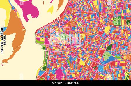 Colorful vector map of Porto Alegre, Brazil. Art Map template for selfprinting wall art in landscape format. Stock Vector
