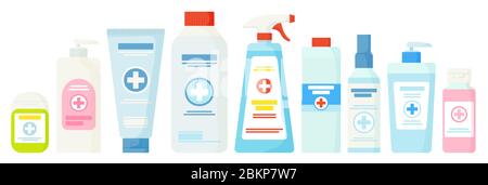 Set of hand sanitizer such as lotion,dispencer,cream,spray, gel.Hygiene,health, clean hands,medical concept. Can be used for web,app,UI. Stock vector Stock Vector