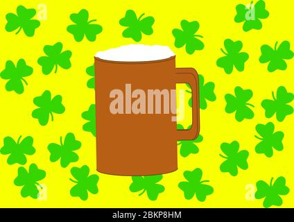 A mug of ale with a green leaf of fern on St. Patrick's Day. Stock Vector