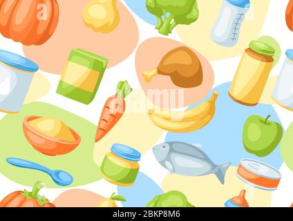 Seamless pattern with baby food items. Stock Vector