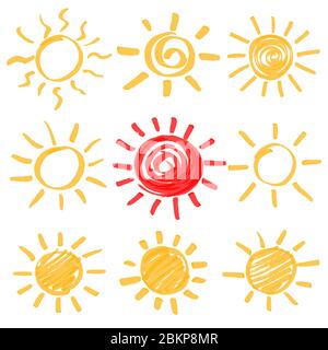 Highlighter marker summer sun design elements. Set of sun symbols hand drawn by yellow and red highlighters. Optimized for one click color changes. Ve Stock Vector