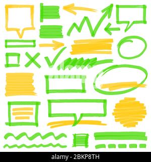 Set of hand drawn colorful highlighter design elements, marks, stripes and strokes, speech bubbles and arrows. Can be used for text highlighting, mark Stock Vector