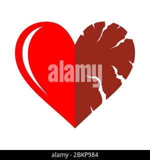 Two halfs of red cracked heart icon isolated on white background. Heart shape with cracks and ragged edges. Symbol of unhappy love, emotional experien Stock Vector