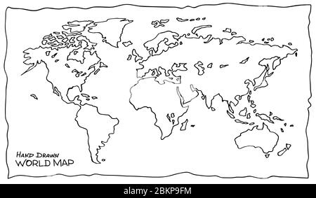 Hand drawn map of the world. Not exactly precision outline drawing of global map in black and white colors. Sketchy Earth with continents and oceans. Stock Vector