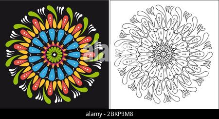 Coloring book template for adults and kids. Cute mandala cartoon vector flower Stock Vector