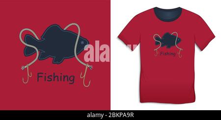 Print on t-shirt graphics design, fish carp with rope and hooks, isolated on background  vector Stock Vector