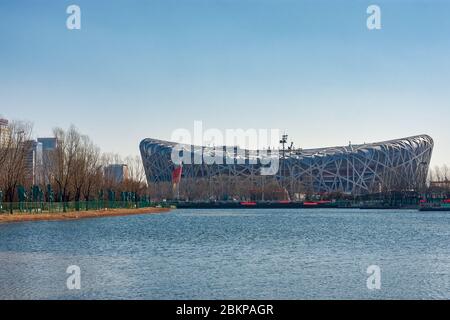 Beijing / China - February 20th 2016: The Beijing National Stadium ('The Birds Nest'), home to the 2008 Beijing Summer Olympic games (XXIX Olympiad) Stock Photo