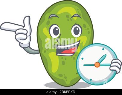 Cyanobacteria mascot design concept smiling with clock Stock Vector