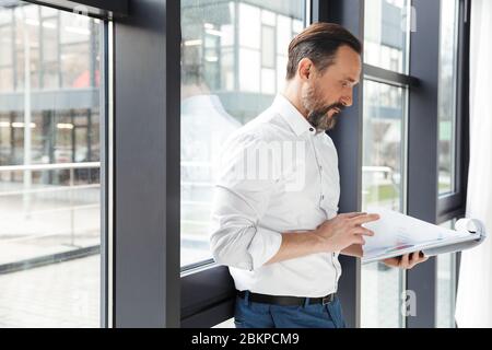 Photo of bearded focused businessman in white shirt examining documents while working in office Stock Photo
