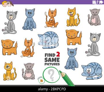 Cartoon Illustration of Find Two Same Pictures Educational Task for Children with Cats and Kittens Animal Characters Stock Vector