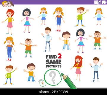 Cartoon Illustration of Find Two Same Pictures Educational Game with Funny Children or Teenager Characters Stock Vector