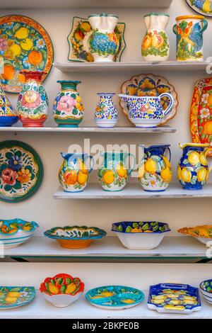 Positano, Italy - 1 November, 2019: Colourful traditional ceramics vases, Amalfi Stock Photo