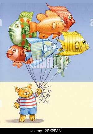 a cat dressed as a child holds the threads of so many fish-shaped balloons allegory of desire that forms the world Stock Photo