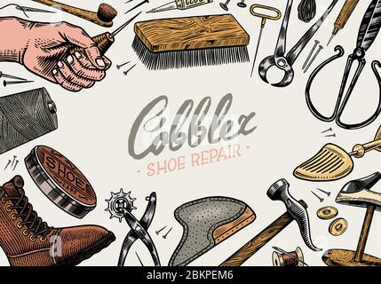 Cobbler Set. Professional Equipments For Shoe Repair. Shoemaker Or 