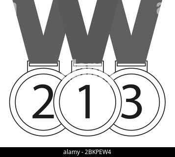 Sports medals, 1st, 2nd and 3rd medal with gray ribbon. Champion winner awards, vector symbols Stock Vector