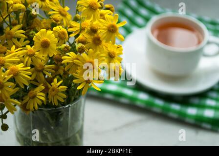 Yellow flowers and a cup of herbal tea in the background Stock Photo