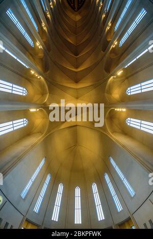 Interior of Hallgrímskirkja (church of Hallgrímur), Lutheran (Church of Iceland) parish church in Reykjavík, Iceland. Stock Photo