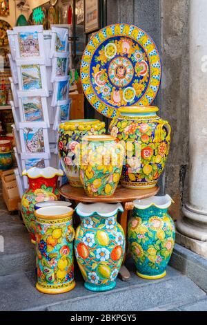 Positano, Italy - 1 November, 2019: Colourful traditional ceramics vases, Amalfi Stock Photo