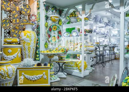 Positano, Italy - 1 November, 2019: Colourful traditional ceramics vases, Amalfi Stock Photo