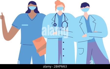 thanks doctors nurses, female and male physician nurse with mask medical report vector illustration Stock Vector