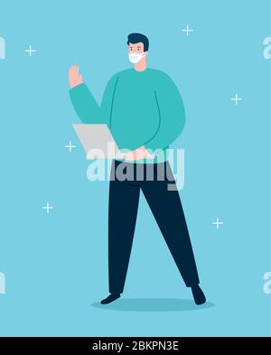 young man using face mask with laptop Stock Vector