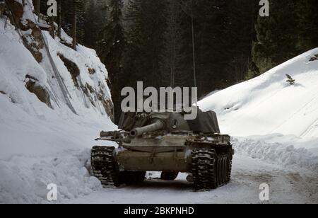 20th February 1994 During the Siege of Sarajevo: a Bosnian Serb T55 tank has broken down on the road between Pale and Jahorina, south of Sarajevo. Stock Photo