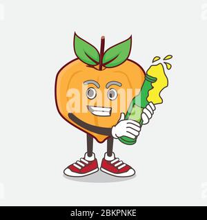 An illustration of Eggfruit cartoon mascot character holding a bottle of beer Stock Vector