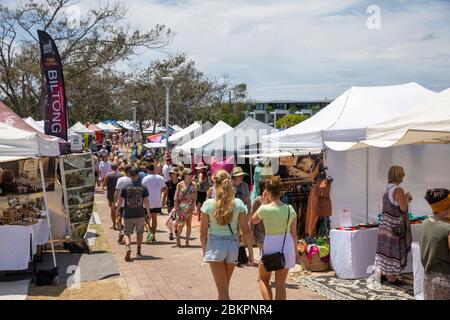 Byron Bay market day, stallholders at the local markets during the busy summer holiday season for this coastal town in NSW,Australia Stock Photo