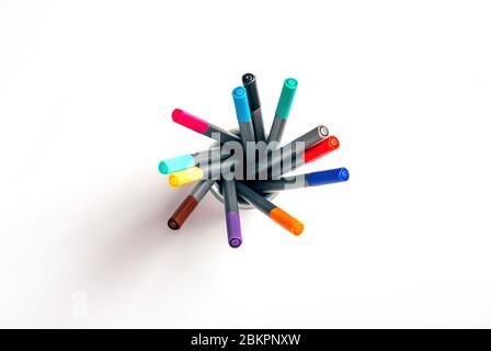 Set of multicolor felt pens, markers on white background, colorful fineliners. Stock Photo