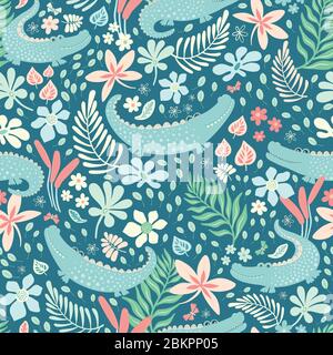 Tropical crocodile pattern design with flowers, butterflies and leaves. Cute vector animal seamless repeat background. Stock Vector