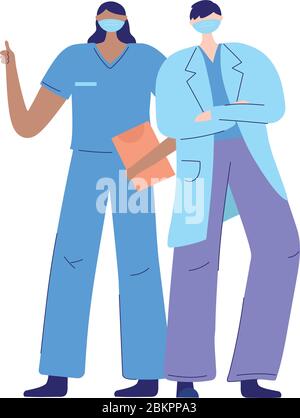 thanks doctors nurses, female nurse and male physician with protective mask medical and report vector illustration Stock Vector