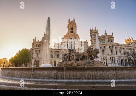 Madrid Spain, sunrise city skyline at Cibeles Fountain Town Square Stock Photo